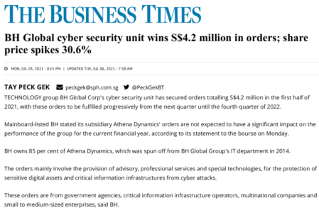 Athena Dynamics secured cyber security orders of approximately S$4.2m in aggregate